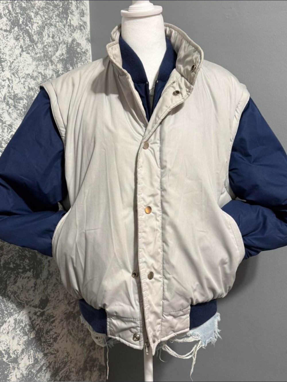 Men's Two-Tone Puffer Bomber Jacket - Cream and Navy